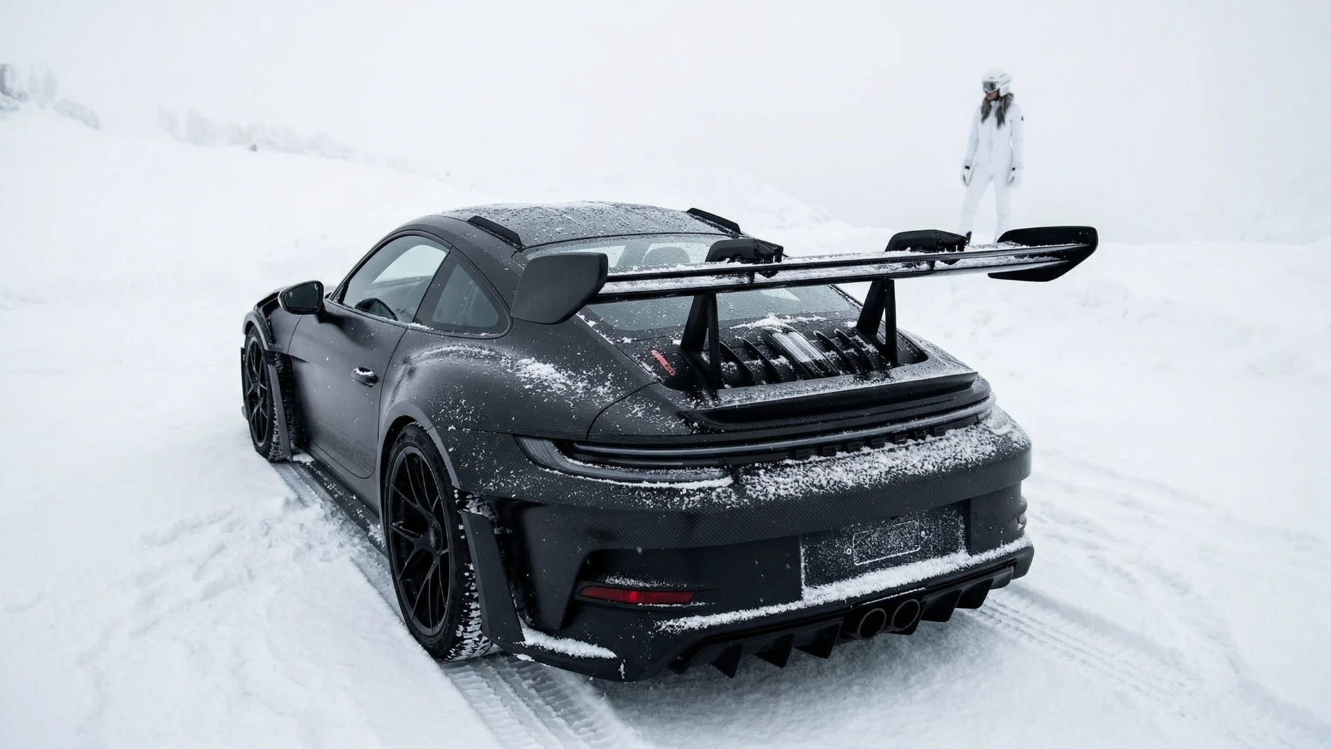 GT3RS Winter — rear view snow-dusted GT3 RS with figure