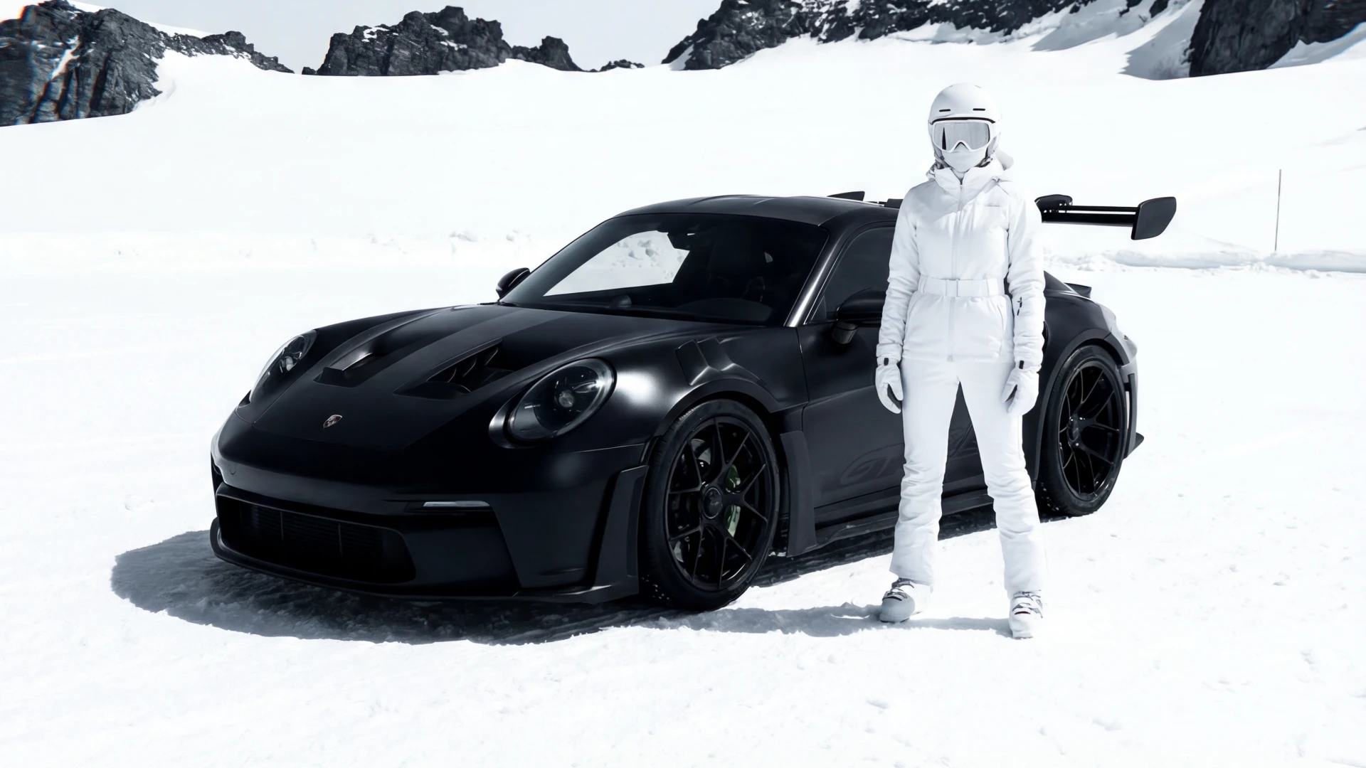 GT3RS Winter — overhead matte black GT3 RS in snow