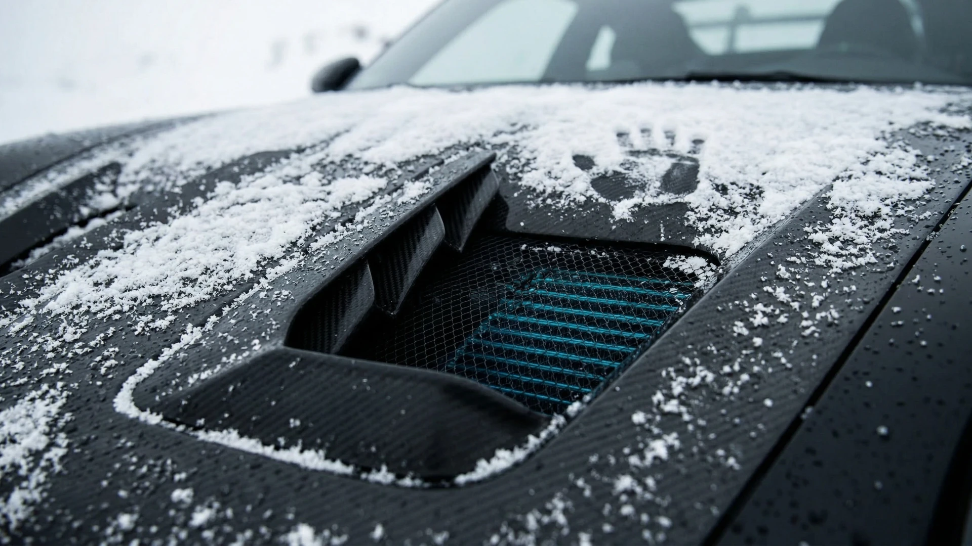 GT3RS Winter — snow-covered engine grille detail